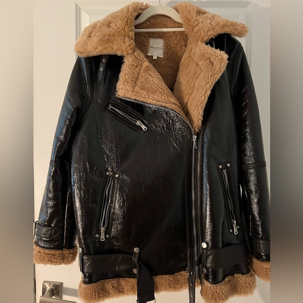 Cute oversized moto style pleather coat with teddy lining - never worn!